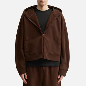 Men's <b>Zip</b>-Up <b>Hooded</b> Pullover Hoodie with Pocket Solid Brown Cotton French Terry Casual Eco-Friendly Winter Wear - Product Image 1