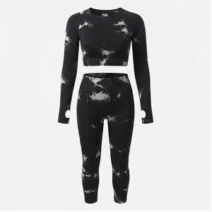 2 Piece Yoga <b>Set</b> Full Length <b>Tie</b> <b>Dye</b> Print High Waist Leggings Crop Top With Hole Detail Spandex Polyester Stretchy Sportswear - Product Image 2