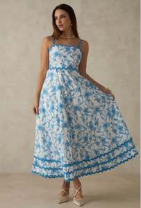 Robe longue trapèze dos nu à col carré et bretelles spaghetti, imprimé coloré, motif floral personnalisé, pour femme, collection designer - Product Image 5