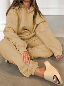 Womens Beige <b>Hoodie</b> And Matching Joggers Set Premium Heavyweight Fleece Pullover Loungewear Two Piece Outfit - Product Image 4