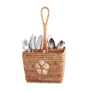 Cesta de mimbre rectangular ecológica tejida a mano para cubiertos, organizador de utensilios con asa, soporte de almacenamiento para encimera de cocina - Product Image 1