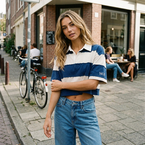 Polo court rayé de rugby à manches courtes pour femme, coupe ample et décontractée, style vintage, impression DTG, fournisseur OEM - Product Image 4