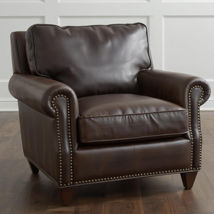 Fauteuil en cuir véritable de haute qualité, style classique, canapé individuel, accoudoirs roulés, garniture cloutée, structure robuste, mobilier de salon - Product Image 1