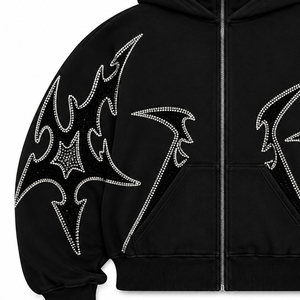 Custom Black Rhinestone Tribal Zip <b>Hoodie</b> Oversized Y2K Streetwear <b>Gothic</b> Graphic Heavyweight Unisex Hooded Jacket Winter 100% - Product Image 5