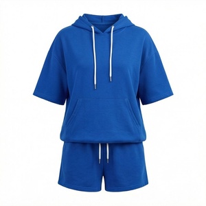 Conjunto de 2 Piezas para Mujer, Sudadera con Capucha y Pantalones Cortos, Azul Sólido, Manga Corta, Felpa, Casual, Holgado, Por Encima de la Rodilla, Transpirable, Uso Diario - Product Image 1