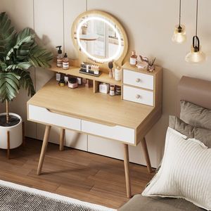 Adjustable Lighted <b>Makeup</b> Vanity Desk with 3 LED <b>Mirrors</b> Solid Wood MDF Table Feet 4-Drawer 3-Open Dressing Table Set - Product Image 2