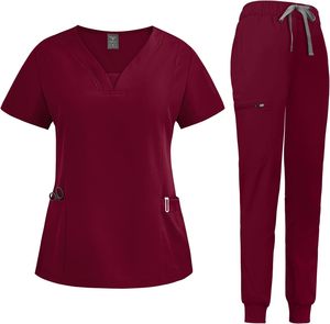 Unisex Denim Medical <b>Scrubs</b> Set V Neck <b>Scrub</b> <b>Top</b> Elastic Waist Nursing Uniform Hospital Suit Pockets Polyester Cotton - Product Image 1