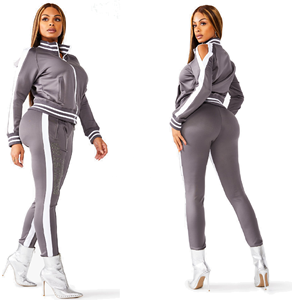 Trajes de entrenamiento de gimnasio para mujer, con cremallera frontal, cuello acanalado y puño, pista a rayas laterales, para trotar, ajustados, con cremallera, para el sudor - Product Image 5