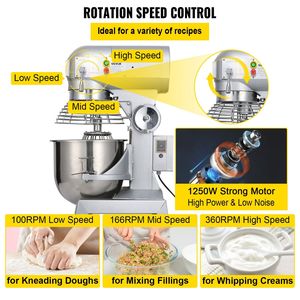 110V Commercial Food Mixer 3 velocità regolabili 105/180/408 RPM Heavy Duty acciaio inossidabile ciotola ganci per impastare frullini panetterie - Product Image 4