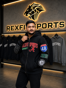 REXFITSPORTS 2026 Sweat à capuche graphique universitaire noir personnalisé à fermeture éclair intégrale, 280-300 GSM, en molleton de coton et polyester, style streetwear clouté - Product Image 6