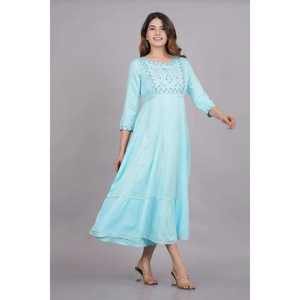 Robe midi trapèze en coton brodé bleu ciel AARTI FASHION pour femme, tenue décontractée ethnique, vente en gros - Product Image 1