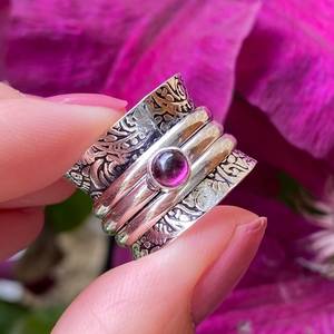 Handmade Garnet Crystal Fidget <b>Spinner</b> <b>Ring</b> Engraved 925 Sterling Silver Anxiety Relief Unisex Jewelry Gift Wholesale - Product Image 3