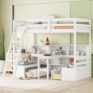 Letto a soppalco singolo bianco con ripiani portaoggetti, cassetti e scrivania - Prodotto per letti per bambini - Product Image 3