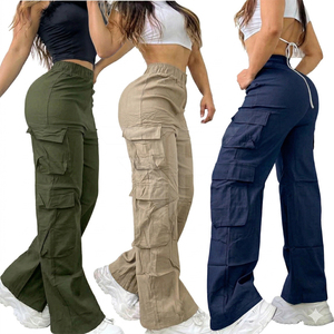 Ropa de mujer, pantalones cargo casuales de moda personalizados con múltiples bolsillos para damas, cintura media, cintura elástica, multibolsillos, color sólido - Product Image 1
