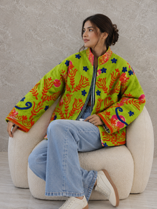 Wholesale Boho Lime Green <b>Quilted</b> Jacket Women Embroidery Floral Cotton Coat Ethnic Mandarin Collar Winter Short Outerwear - Product Image 2