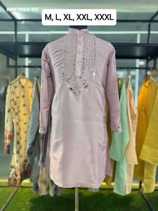 Best Quality Pure Silk with Yoke & Sleeve Boder Mirror-work Full-Sleeve & Knee-Length <b>Kurta</b>-Payjama Collection Wholesale Supply - Product Image 2