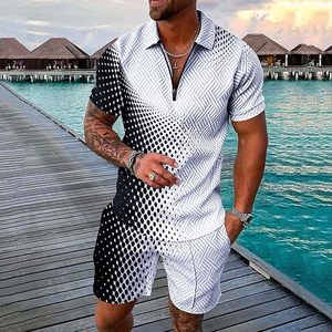 Ensemble polo et short pour homme, motif à pois noir et blanc, tricoté, manches courtes, respirant, décontracté, pour l'été - Product Image 1
