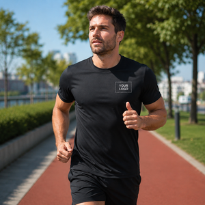 T-shirt pour homme noir à séchage rapide, manches courtes, col rond, coupe classique, tissu jersey, logo personnalisé imprimé sur le devant, style décontracté - Product Image 6
