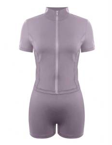 Metallic Breathable Washed Zip up Women <b>Jumpsuit</b> Short Sleeve High Neck Bodycon Romper Stage Wear - Product Image 1
