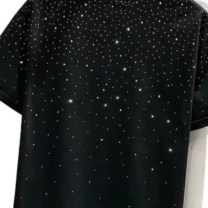 Camiseta Personalizada con Estampado de Estrellas Negras, Brillantes y Pedrería, 100% Algodón, Estilo Urbano, Unisex, Casual, Manga Corta - Product Image 2