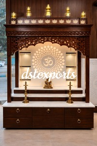 Marble Look Om Design Teak Wood <b>Mandir</b> for Home Modern Design Customized Size Pooja Room Cabinet Dark Polish Temple with 3 Steps - Product Image 4