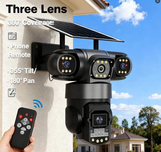V380PRO AOV Wi-Fi Solar-powered Network CameraVTS28 Low-power Three-lens Night Vision Panoramic Camera with Three-screen Display