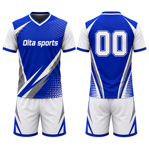 Ensemble de maillot et short de volley-ball sublimé bleu et blanc pour adultes, respirant, à manches longues, pour équipes sportives professionnelles - Product Image 1
