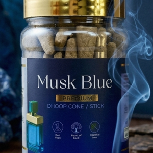 Encens en cône Sellease Musk Blue Dhoop dans un bocal en verre avec couvercle doré, matériau en bambou écologique et biologique, parfumé et aromatique - Product Image 5