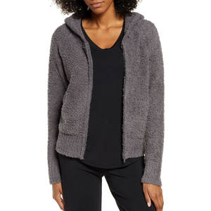 Hoodie pour femme en tissu sherpa, couleur unie, avec capuche réglable, service OEM, design pour commande en gros, fermeture éclair, manches longues. - Product Image 1