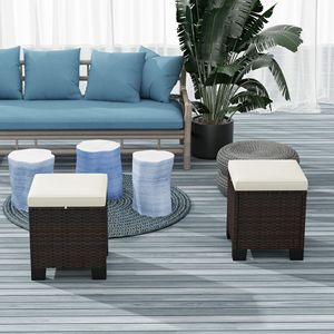 2 Piece Beige Outdoor Wicker Ottomans with Cushions Rattan Ottoman <b>Footrest</b> and Side Table for Patio Yard Poolside - Product Image 2
