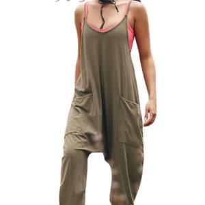 Combinaison sans manches vert olive pour femme avec poches, col en V, coupe ample, longueur intégrale, décontractée, été, 100% coton respirant, tenue de sport - Product Image 1