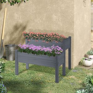 Classic 2-Tier Wooden <b>Planter</b> Box Self-Watering Raised Garden Bed for <b>Vegetables</b> Herbs Flowers-Gray - Product Image 2