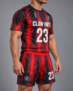 Maillot de football CLAW INTL pour homme, rouge et noir, sublimé, col rond, manches courtes, en polyester respirant, coupe athlétique - Product Image 2