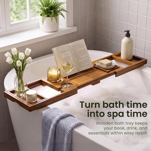 Bamboo Bathtub <b>Caddy</b> <b>Tray</b> Expanding <b>Bath</b> Board Organizer Wine Glass Tablet Holder For Luxury Spa Bathroom Decor Wholesale - Product Image 4