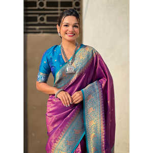 Sari en tissu pur violet Elite Weaves avec tissage contrastant Patola tissé Zari 0,65g pour la mode indienne et pakistanaise - Product Image 2