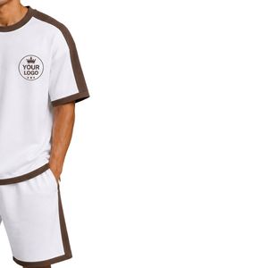 White Mens Oversized <b>T</b> <b>Shirt</b> And Shorts Set Brown Contrast Panels Custom Logo Crew Neck Casual Streetwear Wholesale Manufacturer - Product Image 4