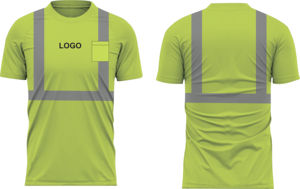 High Visibility Yellow Safety Shirt Men's Short Sleeve Crew Neck Reflective Straps Breathable <b>Polyester</b> Work Top Regular Fit - Product Image 2