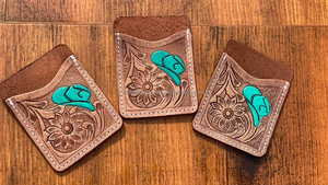 Tarjetero de sombrero de vaquero turquesa de cuero con herramientas a mano de moda occidental para mujer, tarjetero de cuero genuino personalizado con flores - Product Image 3