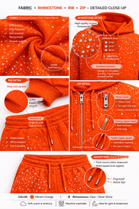 Conjunto deportivo de hombre con sudadera con capucha y pantalones de chándal con pedrería naranja brillante, con cremallera, estilo urbano, informal y deportivo. - Product Image 5