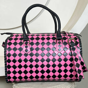 New Pink & <b>Black</b> Checkered Hand Tooled Leather <b>Large</b> Speedy Bag Women Designer Top Handle Crossbody Shoulder <b>Handbag</b> Duffel Bags - Product Image 5