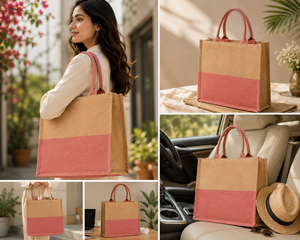 Bolsa de Yute Grande Personalizada de Doble Color con Asas Dobles para Mujer, Bolsa de Compras Reutilizable Ecológica, Elegante y Natural - Product Image 5