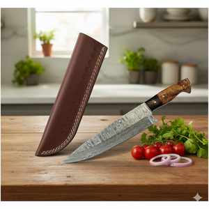 Cuchillo de Chef de Acero Damasco de 67 Capas Hecho a Mano con Funda de Cuero y Mango de Madera, Juego de Cinco Piezas con Logotipo Personalizado, OEM Disponible, Estilo Vintage - Product Image 3