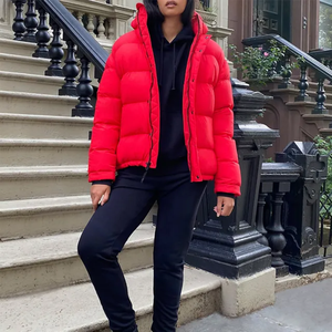 Veste matelassée à capuche rouge, manteau d'hiver en duvet, coupe-vent décontracté, coque en polyester épaisse, fermeture à boutons, coupe régulière, unisexe - Product Image 5