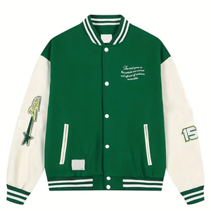 Dark Green Varsity <b>Jacket</b> <b>Men</b> Letter Embroidery Streetwear Bomber <b>Jacket</b> <b>White</b> Sleeve Loose Fit Sporty Baseball Uniform - Product Image 1