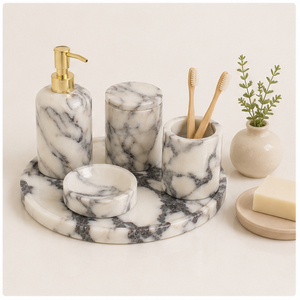 Ensemble d'accessoires de salle de bain en marbre blanc naturel de luxe, distributeur de savon, porte-brosse à dents et plateau en marbre, articles d'hôtel en gros - Product Image 3