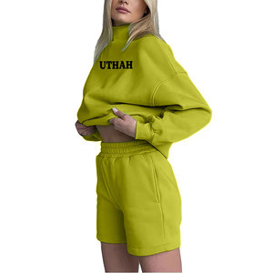Ensemble de survêtement décontracté deux pièces personnalisé pour femme, en molleton de coton imprimé, avec sweat-shirt ample à col montant et short color block - Product Image 2