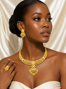 Luxury 24K Gold Plated Brass Flower Shape Filigree African Jewelry Set for Women Dubai Style Charm <b>Necklace</b> with Earrings & <b>Ring</b> - Product Image 4