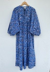 Women Blue Floral Cotton Maxi Long Sleeve <b>Dress</b> Hand Block Print Summer Wear Casual Modest Prairie <b>Dress</b> Boutique Clothing - Product Image 3