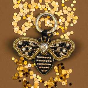 Black & Gold Beaded Bee <b>Bag</b> <b>Charm</b> Key Chain - Product Image 2