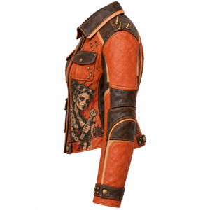 Chaqueta de cuero genuino naranja marrón para mujer, estilo motero, con estampado personalizado 'Mechanic Girl', bolsillos con solapa y detalles de púas, proveedor OEM - Product Image 4